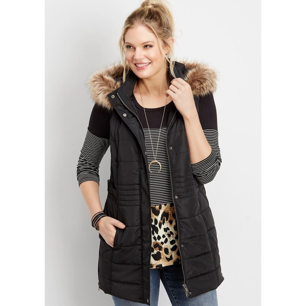 Black Hooded Puffer Vest with Faux Fur Trim